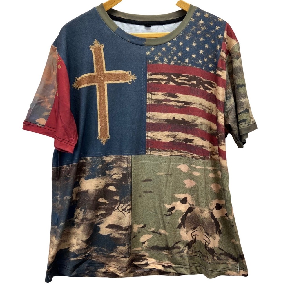 Men's Graphic T Shirt American Flag Cross Camo Print Short Sleeve‎ Size L NWOT